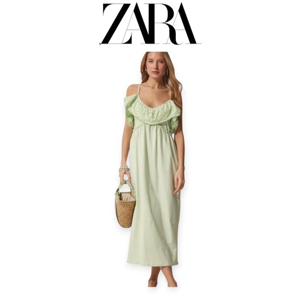 Zara pistachio sleeveless ruffled romantic cottagecore maxidress size S EUC - Picture 1 of 11